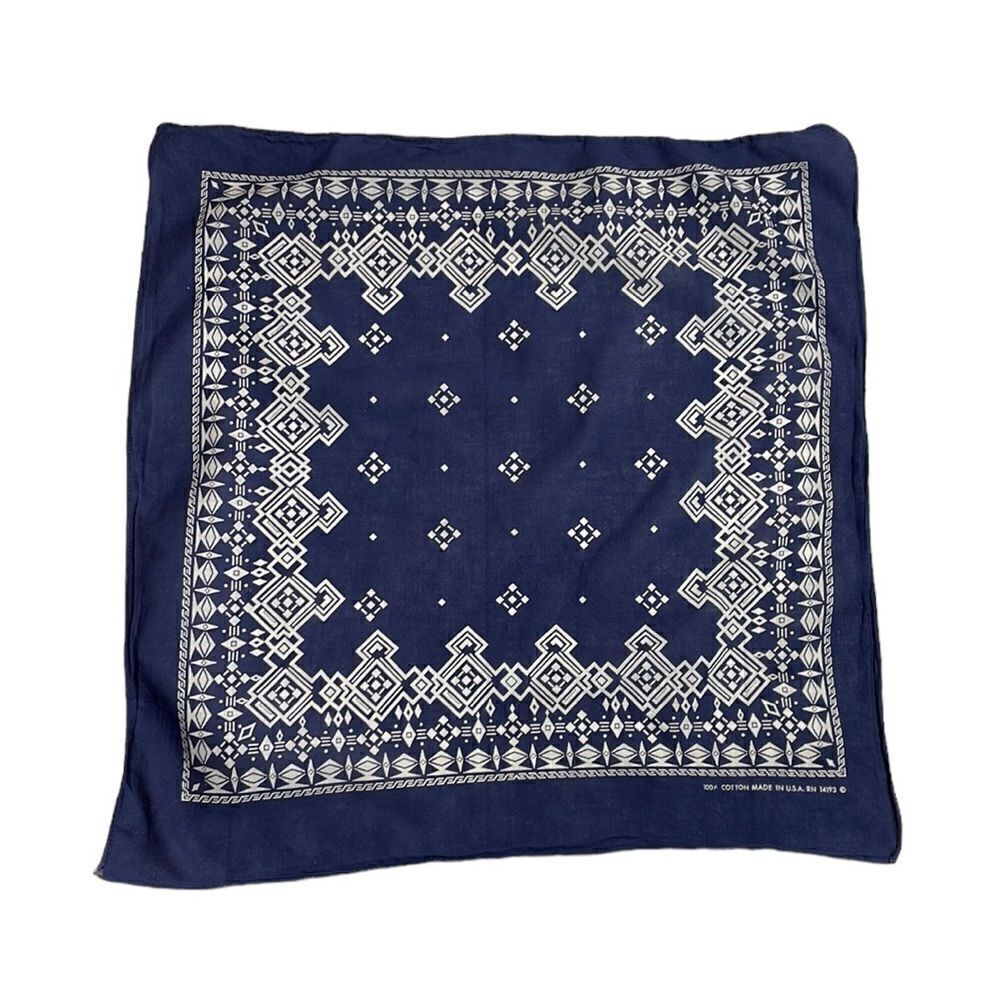 Vintage blue and white geometric print bandanna rn 14193 made in the USA